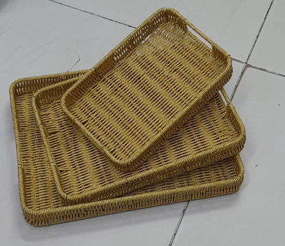 3 in 1 Rattan Trays Set of 3 – Woven Oval and Rectangular Decorative Trays for Rustic Breakfast, Drinks, Snack, and Bread Serving