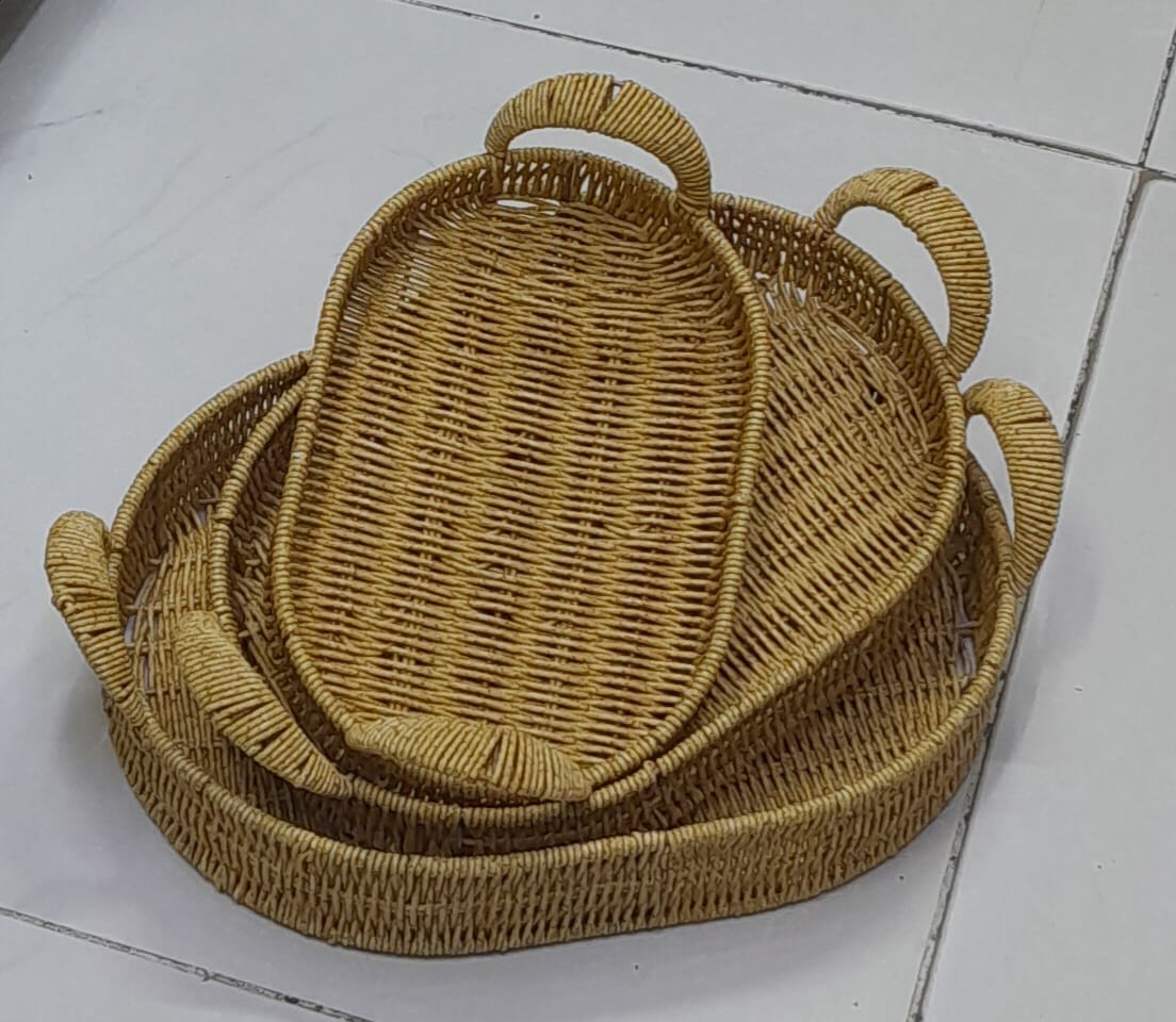 3 in 1 Rattan Trays Set of 3 – Woven Oval and Rectangular Decorative Trays for Rustic Breakfast, Drinks, Snack, and Bread Serving