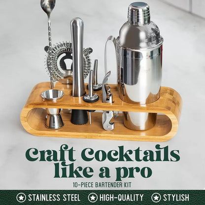 Cocktail Shaker Set  10-Piece Bartending Kit with Bamboo Frame for Home or Professional Use