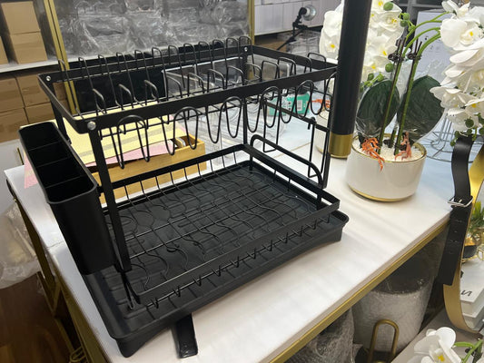 Black Classy High-Quality Premium Carbon Steel 2-Tier Dish Rack| With Chopping Board & Spoon Holder