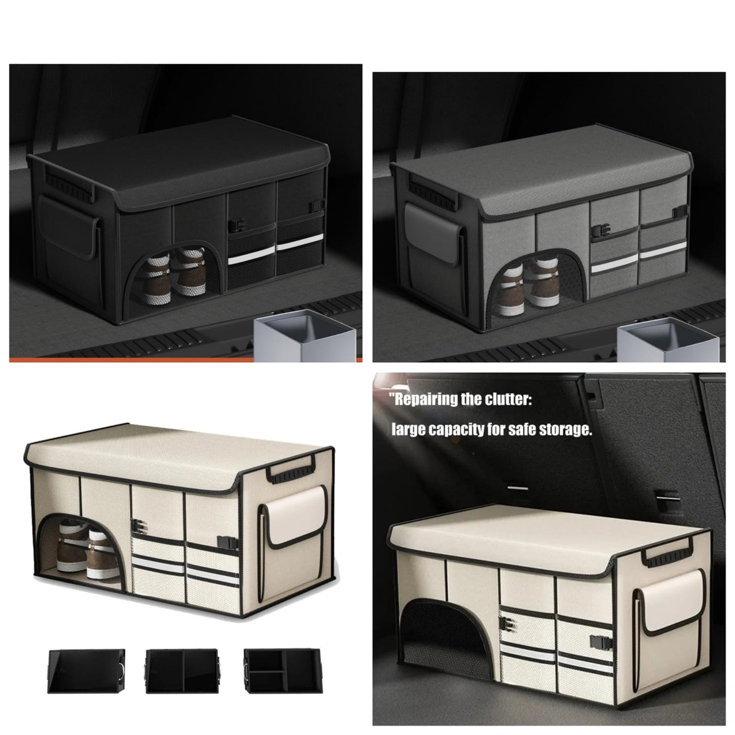 Car Trunk Foldable Storage Box Large Capacity Multi-Tool & Cargo Organizer, 60cm x 35cm x 30cm, Black, Grey, Beige