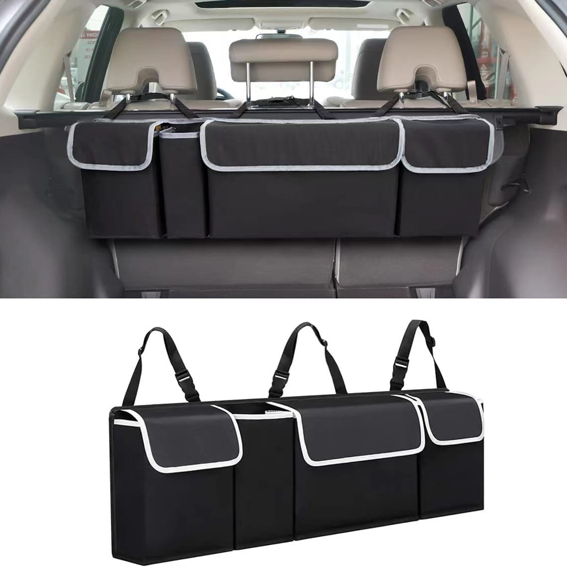 Car Trunk Organizer Adjustable Back Seat Hanging Storage Box, Foldable Multi Use High Capacity, 90cm x 25cm x 12cm