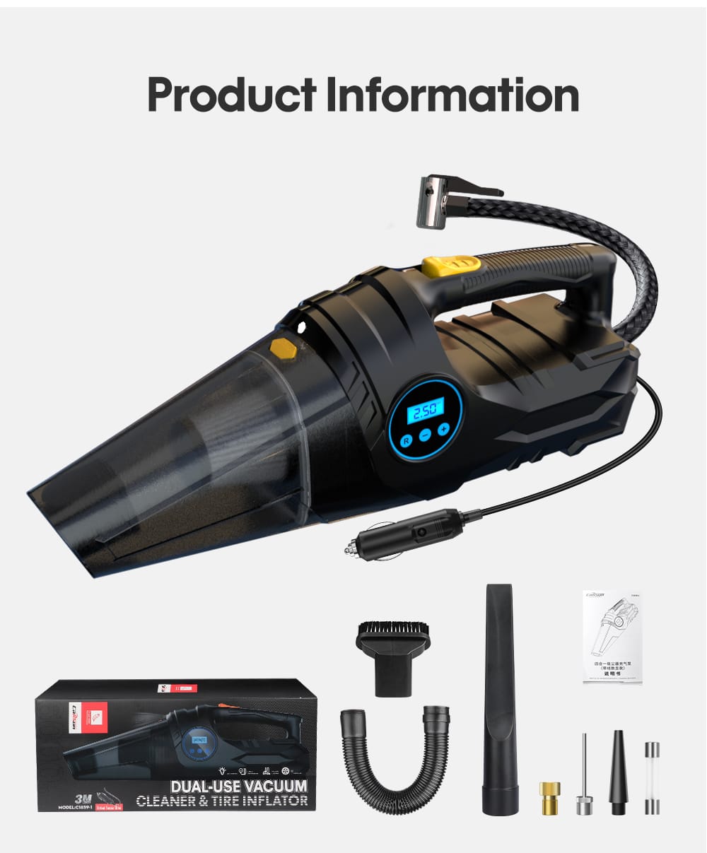 Portable Car Tyre Inflator & Vacuum Cleaner (Dual-Use) – 12V Wired Air Compressor & Handheld Auto Vacuum, 150psi, 100W