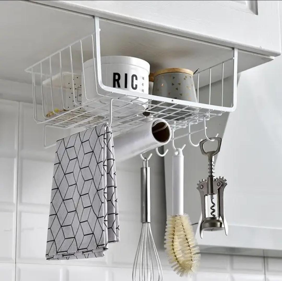 Metallic Under Shelf Rack White, Space Saving Storage for Kitchen, Office, and Home