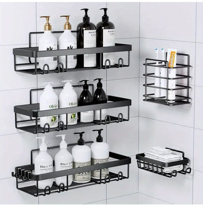 5pcs Set Rustproof Shower Caddy Shelf No Drilling Bathroom Organizer with Increased Load Capacity Adhesives