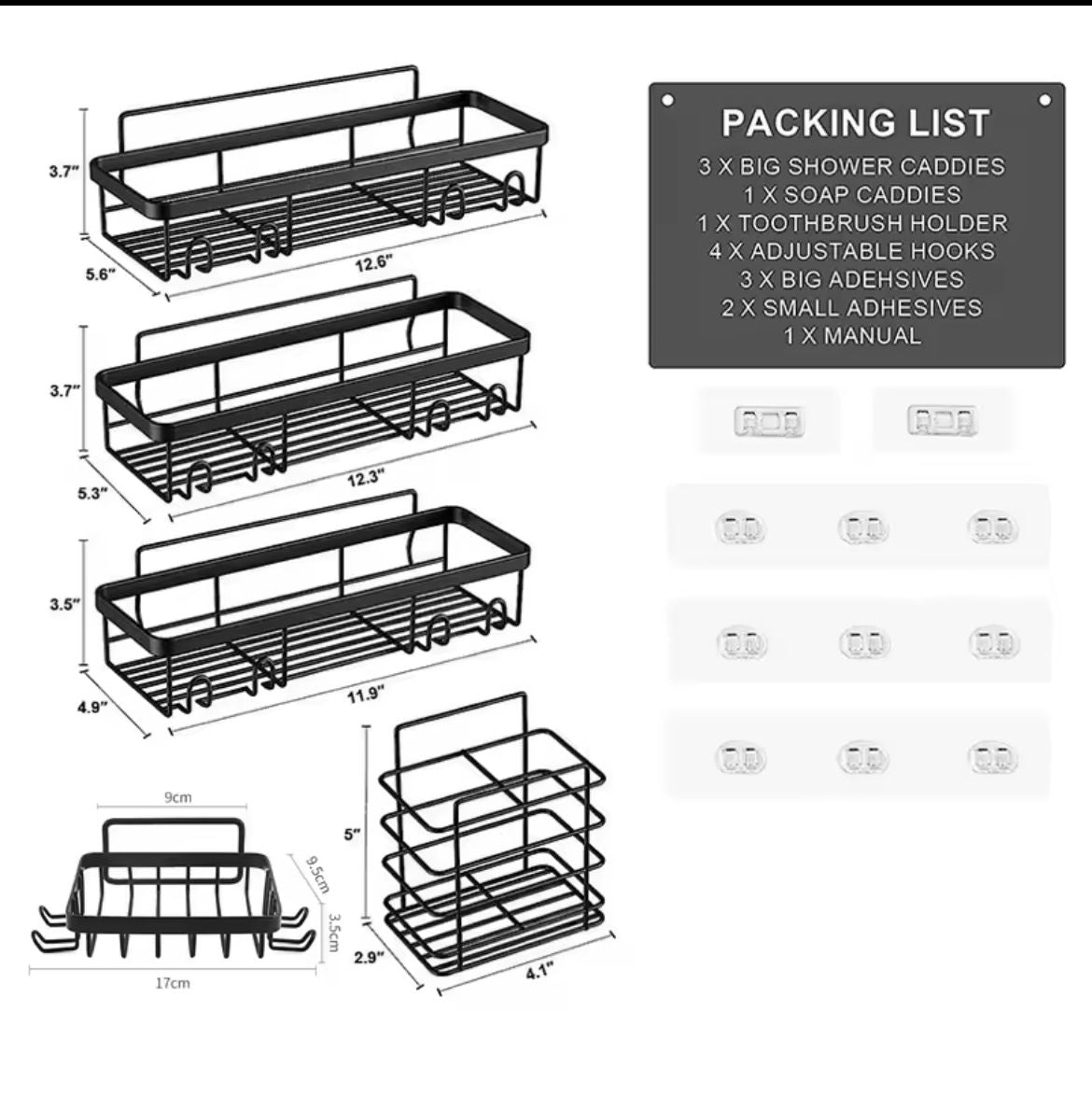 5pcs Set Rustproof Shower Caddy Shelf No Drilling Bathroom Organizer with Increased Load Capacity Adhesives