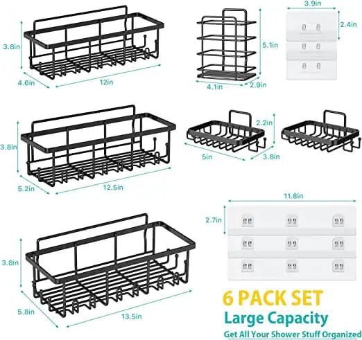 6pcs Rustproof Shower Caddy Shelf Set No Drill Bathroom Organizer with Increased Load Capacity Adhesives