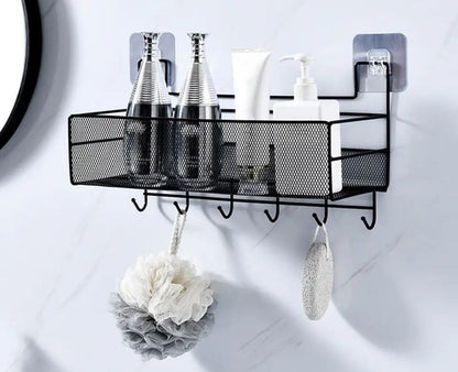 Mesh Bathroom Rack with Hooks Self Adhesive, Space Saving Organizer (Black)