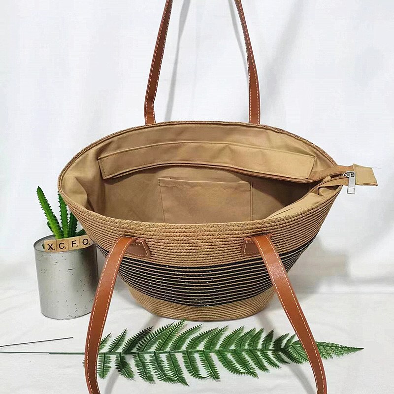 Vintage Papyrus Straw Woven Beach Bag Chic Design with Leather and Cotton Lining, Ideal for Work, Picnic, Travel, and Beach