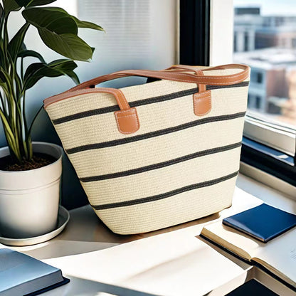 Vintage Papyrus Straw Woven Beach Bag Chic Design with Leather and Cotton Lining, Ideal for Work, Picnic, Travel, & Beach