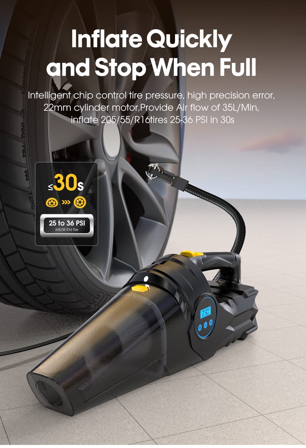 Portable Cordless Car Tyre Inflator and Vacuum Cleaner (Dual use) |12V Wired Air Compressor & Handheld Auto Interior Vacuum with 150PSI Output