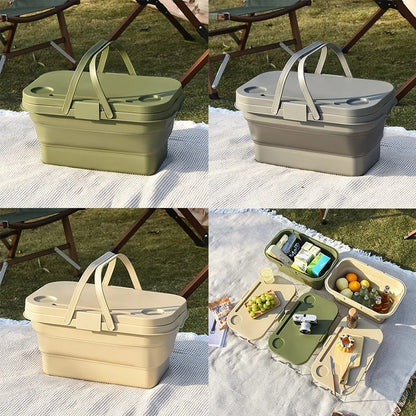 3in1 Foldable Collapsible Camping Hand Basket Picnic Basket – Converts to Table, Storage Unit, and Cutting Board