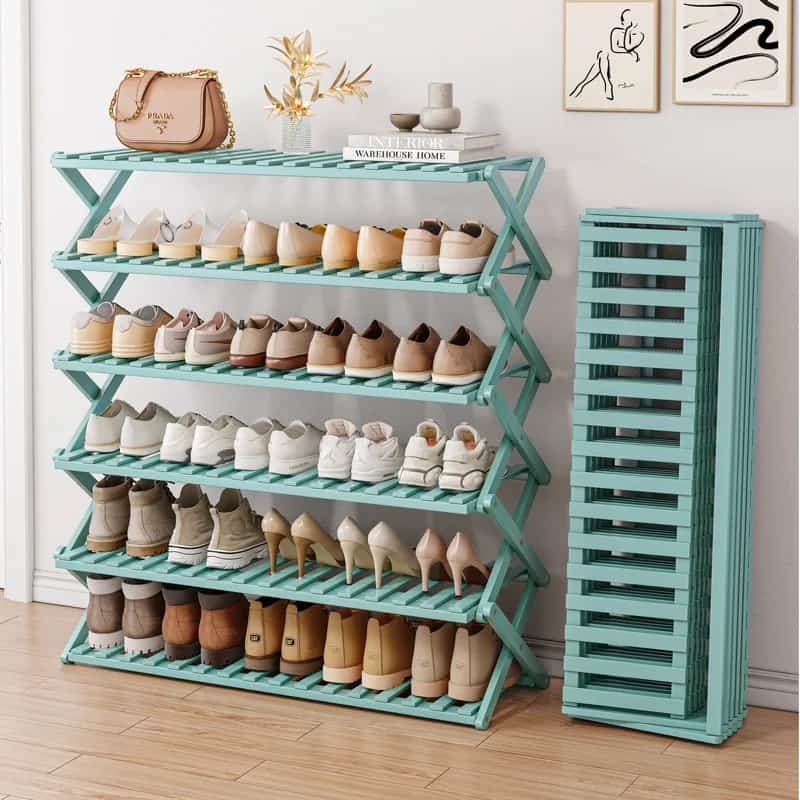 6 Tier Bamboo Shoe Rack Stand |Foldable Multifunctional Organizer for Shoes, Books, Plants, and More (100x113x25cm, Blue)