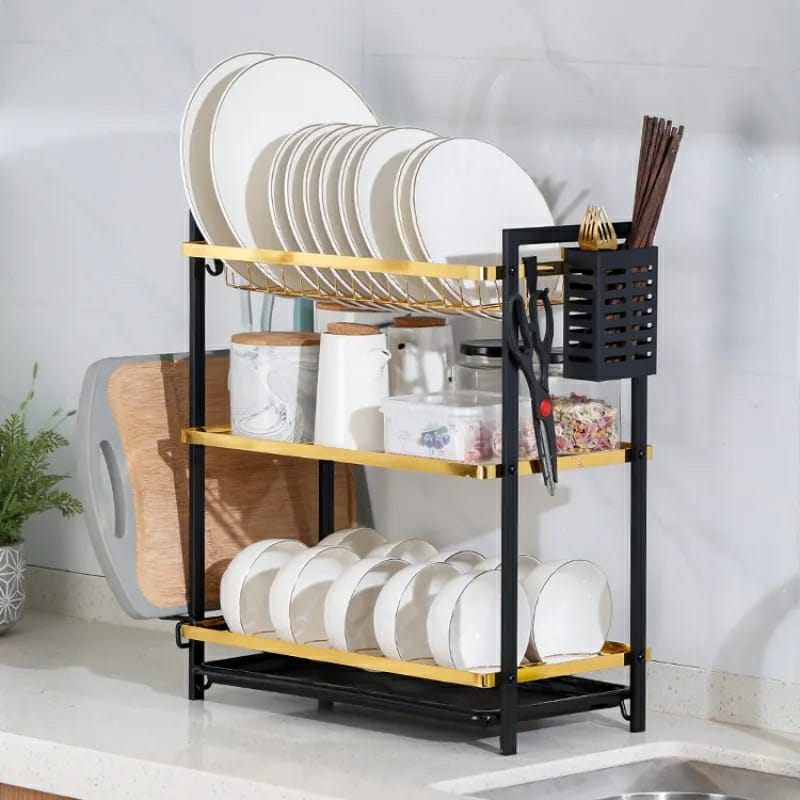 3 Tier Kitchen Dish Rack | Elegant Gold Black Design with Utensil Holder | Kitchen Storage Organizer