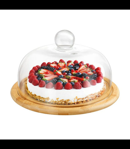 High Quality Bamboo Cake Fruit Stand with Acrylic Dome Cover | 30cm Base | Kitchen