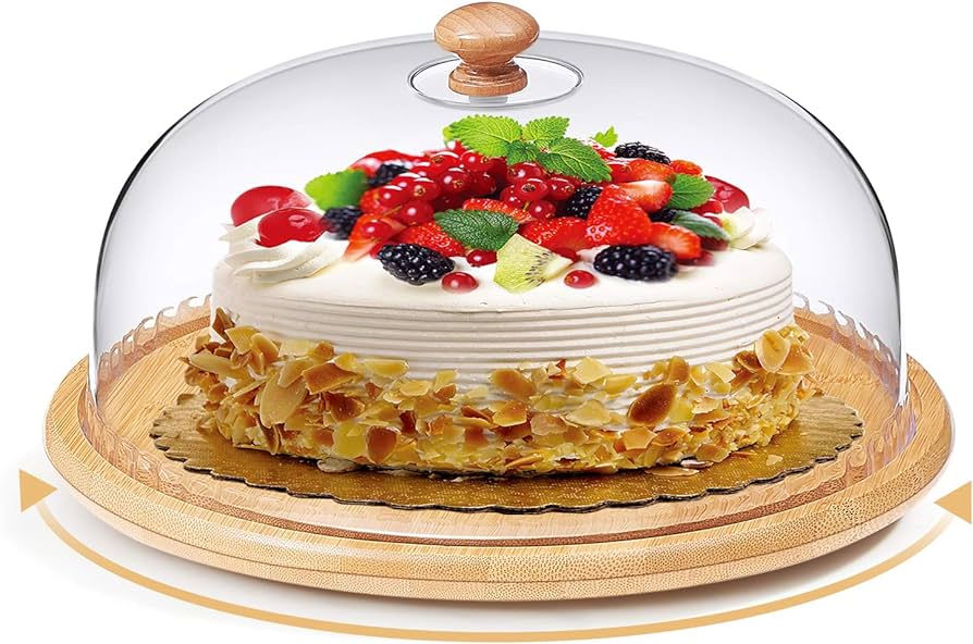 High Quality Bamboo Cake Fruit Stand with Acrylic Dome Cover | 30cm Base | Kitchen