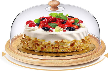 High Quality Bamboo Cake Fruit Stand with Acrylic Dome Cover | 30cm Base | Kitchen