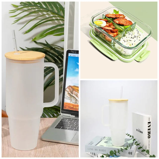 3 Grid Microwave Lunch Box (1400ml) + Borosilicate Glass Mug with Bamboo Lid & Straw