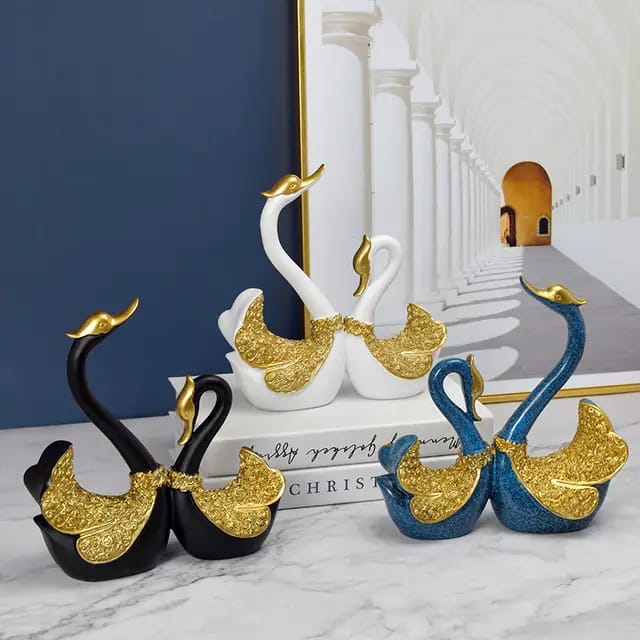 Pair Swan Home Decor Resin Figurine Sculpture | Elegant Decorative Statue | White, Black, Blue