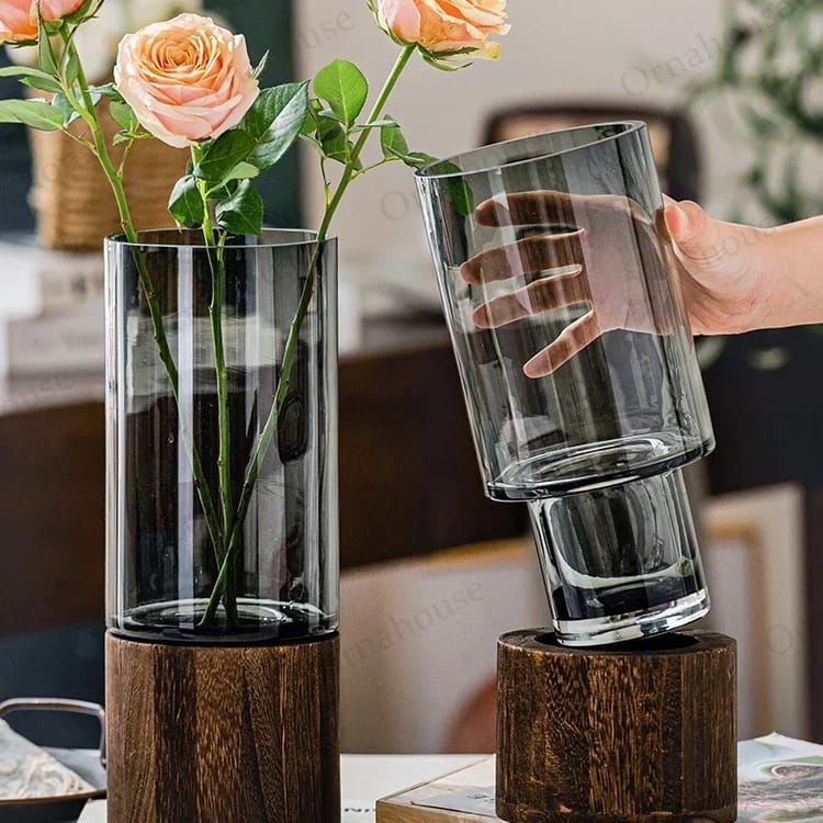 Modern Creative Glass Vase with Removable Wooden Accent | 36cm Elegant Home Decor| Living Rooms, Dining Rooms, Offices