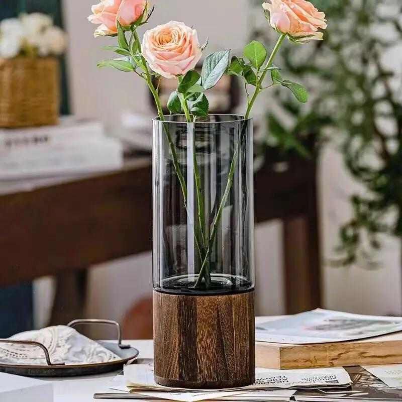 Furaha Finds Modern Creative Glass Vase with Removable Wooden Accent 36cm elegant decorative vase for home and office decor,perfect for fresh flowers and centerpiece display.