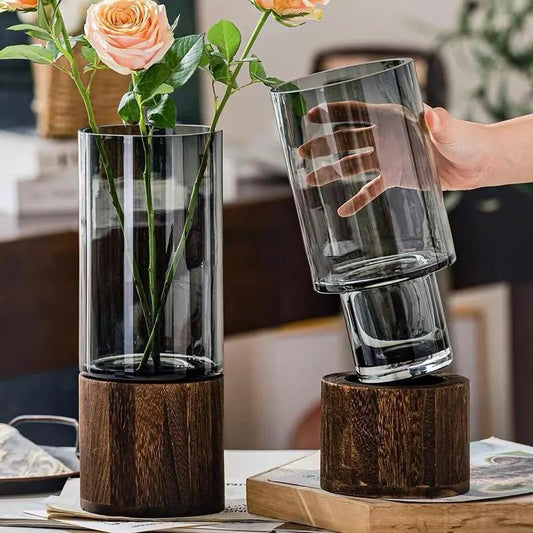 Modern Creative Glass Vase with Removable Wooden Accent | 36cm Elegant Home Decor| Living Rooms, Dining Rooms, Offices