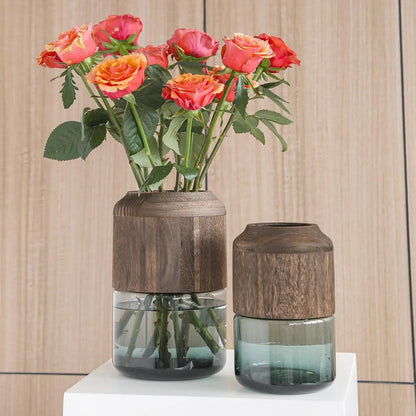 Modern Creative Glass Vase with Removable Wooden Accent | 36cm Elegant Home Decor| Living Rooms, Dining Rooms, Offices