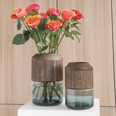 Furaha Finds Modern Creative Glass Vase with Removable Wooden Accent 36cm elegant decorative vase for home and office decor,perfect for fresh flowers and centerpiece display.