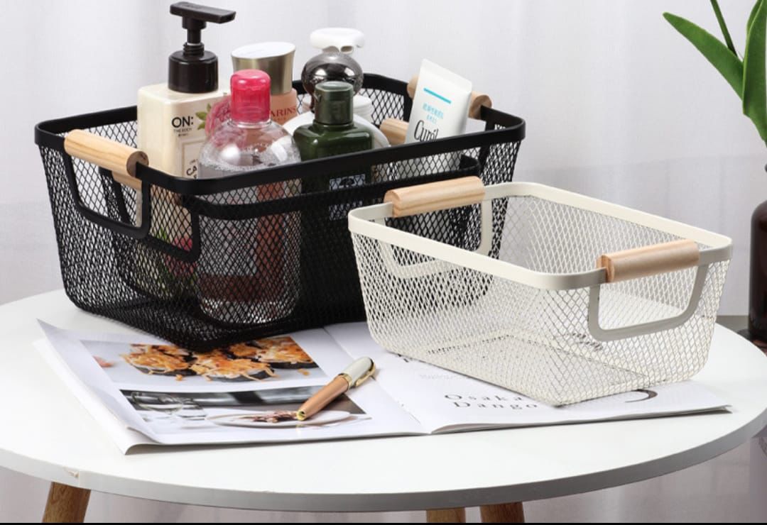 Iron Mesh Storage Baskets with Wooden Handle Large Size, 36cm x 22cm x 16cm, Available in Black| Wire Shelves