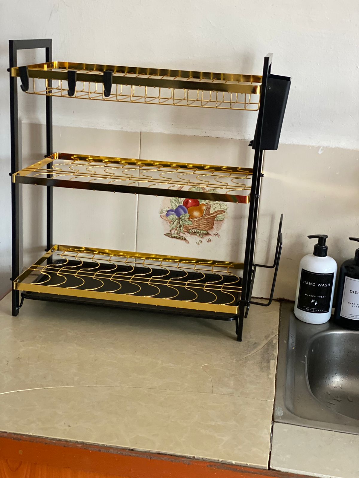 3 Tier Kitchen Dish Rack | Elegant Gold Black Design with Utensil Holder | Kitchen Storage Organizer