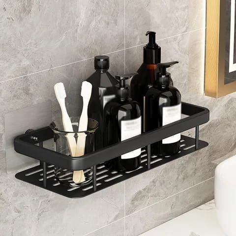 Elegant Adhesive Bathroom Organizer – Black Aluminum Wall Shelf (30.5 x 13 x 5.5 cm)