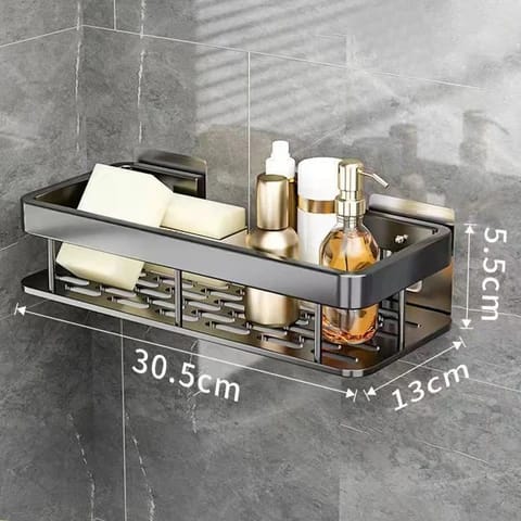 Elegant Adhesive Bathroom Organizer – Black Aluminum Wall Shelf (30.5 x 13 x 5.5 cm)