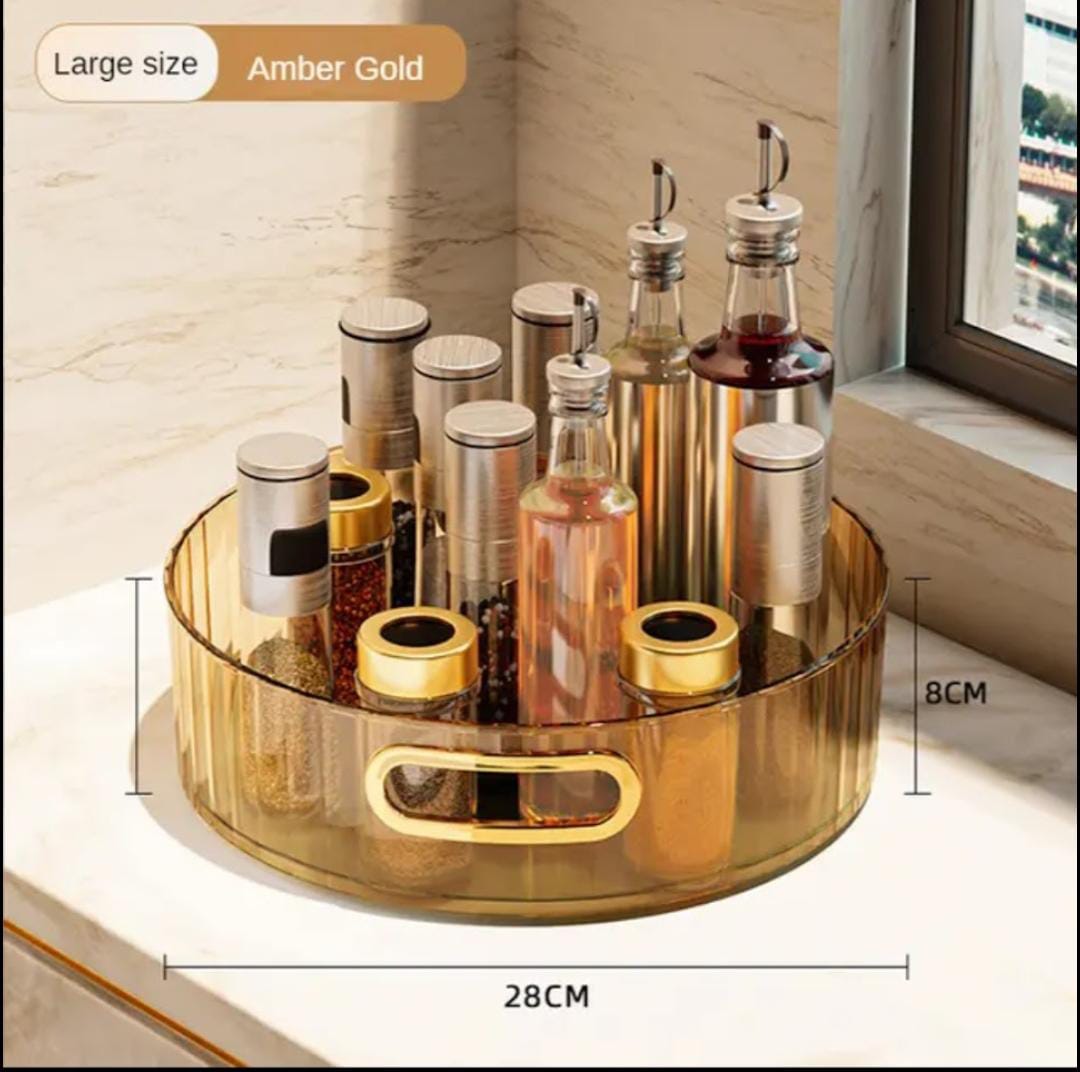 360° Rotating Nordic Tray Organizer Acrylic Cosmetic, Spice, and Display Tray for Makeup, Fruits, Toiletries (Amber Gold, Clear)