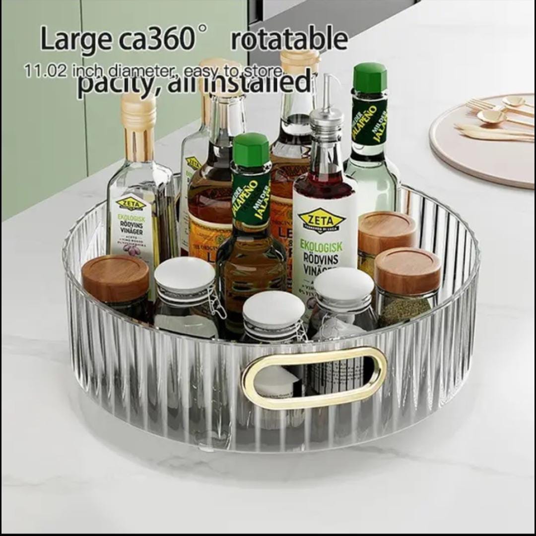 360° Rotating Nordic Tray Organizer Acrylic Cosmetic, Spice, and Display Tray for Makeup, Fruits, Toiletries (Amber Gold, Clear)