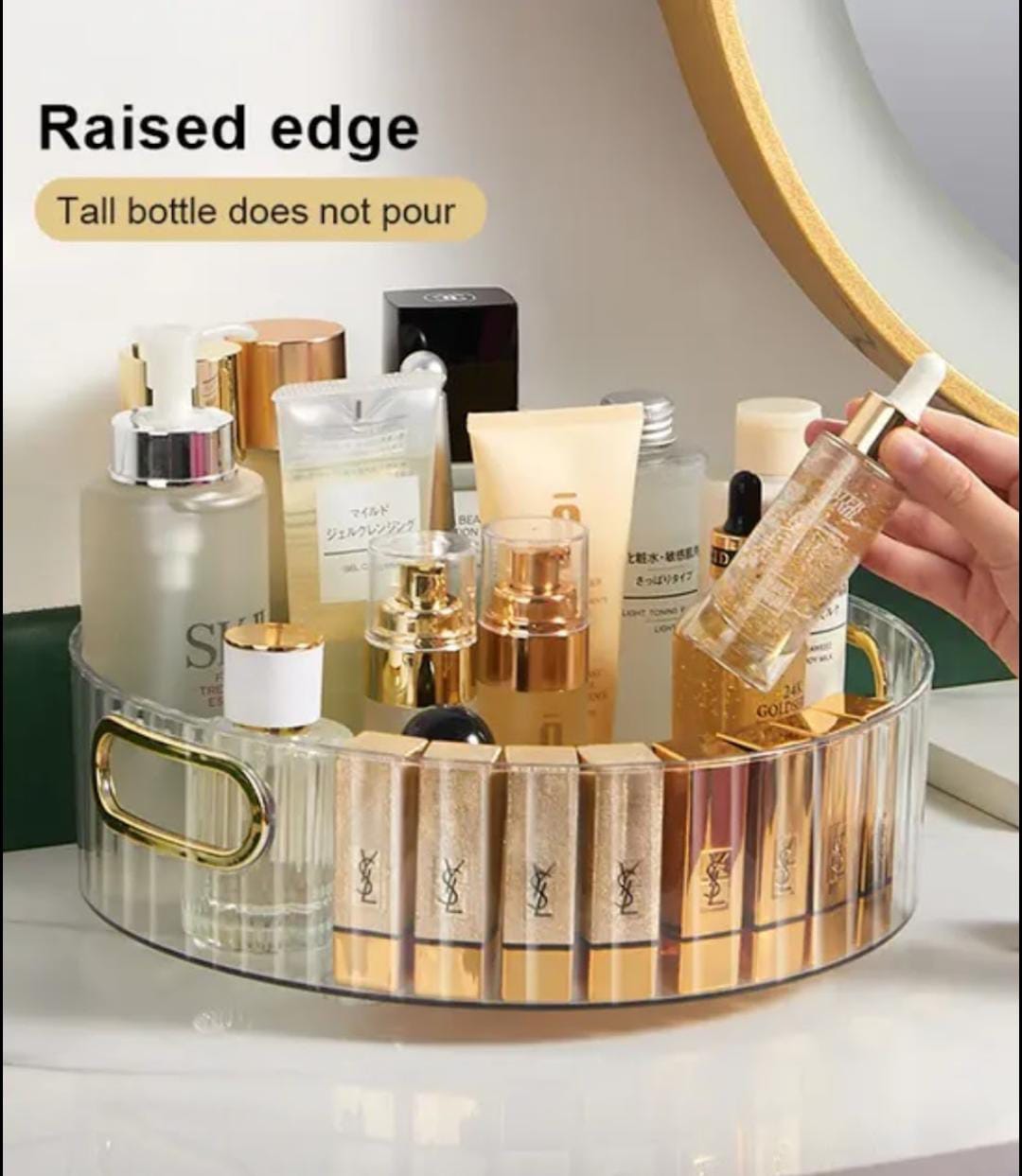 360° Rotating Nordic Tray Organizer Acrylic Cosmetic, Spice, and Display Tray for Makeup, Fruits, Toiletries (Amber Gold, Clear)