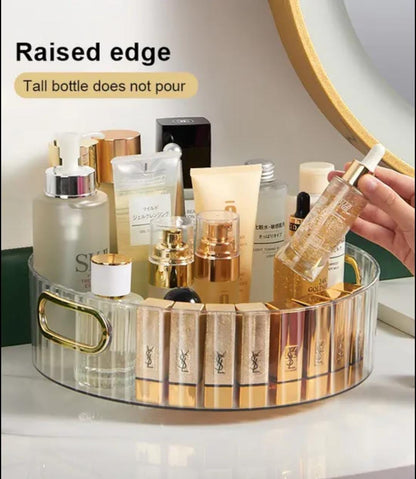 360° Rotating Nordic Tray Organizer Acrylic Cosmetic, Spice, and Display Tray for Makeup, Fruits, Toiletries (Amber Gold, Clear)