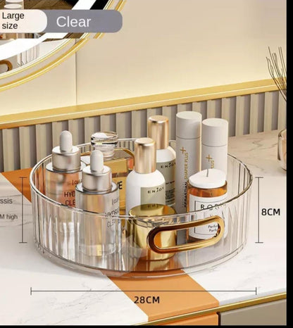 360° Rotating Nordic Tray Organizer Acrylic Cosmetic, Spice, and Display Tray for Makeup, Fruits, Toiletries (Amber Gold, Clear)