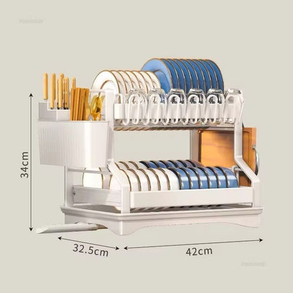 2Tier Kitchen Dish Rack with Drain Tray Large Capacity Countertop Organizer with Utensil Holder, Chopsticks & Cup Drain Rack (Plastic|Metal|Iron)