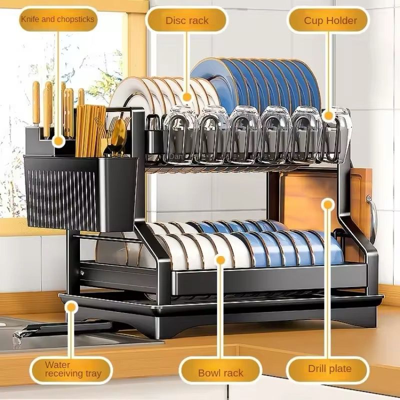 2Tier Kitchen Dish Rack with Drain Tray Large Capacity Countertop Organizer with Utensil Holder, Chopsticks & Cup Drain Rack (Plastic|Metal|Iron)