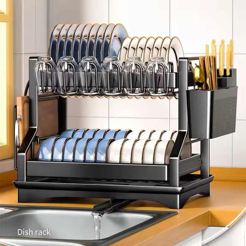 2Tier Kitchen Dish Rack with Drain Tray Large Capacity Countertop Organizer with Utensil Holder, Chopsticks & Cup Drain Rack (Plastic|Metal|Iron)