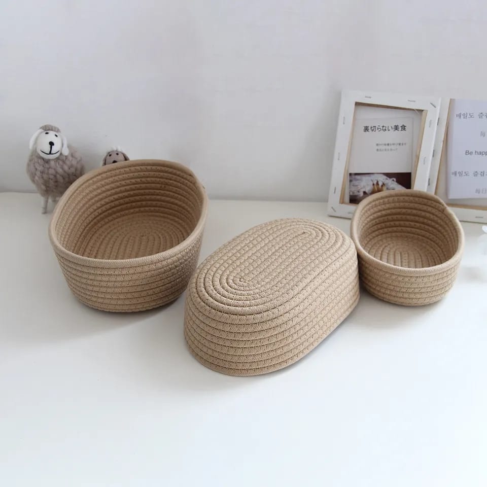 Woven Nordic Cotton Rope Storage Baskets (Set of 3) Decorative Organizer Bins for Desktop, Sundries, Keys, and Cosmetics