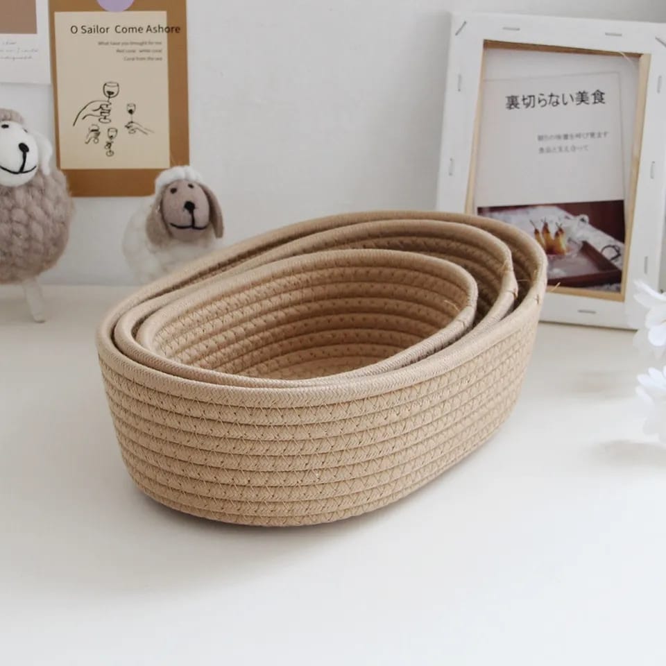 Woven Nordic Cotton Rope Storage Baskets (Set of 3) Decorative Organizer Bins for Desktop, Sundries, Keys, and Cosmetics