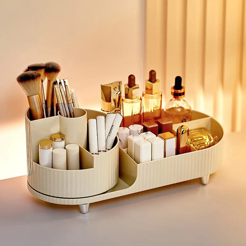 Rotatable Cosmetic Storage Box Elegant and Durable Organizer, 35x15x14cm, PET + ABS, Cream