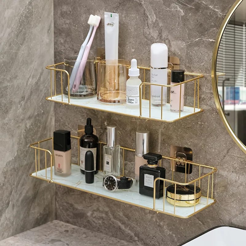 Luxury Bathroom Shelf with Marble Glass Plate | Nordic Light Design, Available in Small and Large Sizes | Small (34.5x13x7.5cm), Large (44.5x13x7.5cm)