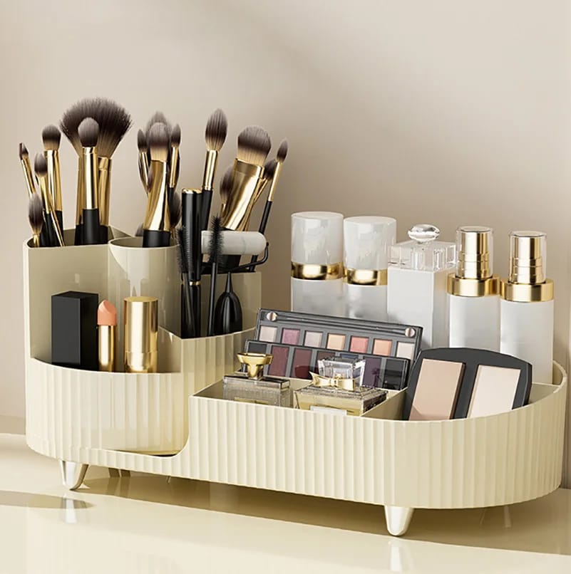 Rotatable Cosmetic Storage Box Elegant and Durable Organizer, 35x15x14cm, PET + ABS, Cream