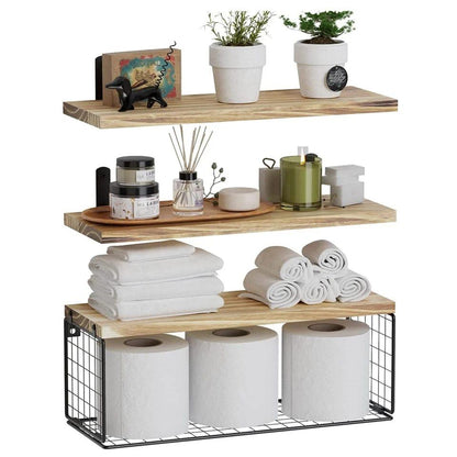 Solid Pine Wood Floating Bathroom Shelves – 40cm Wall-Mounted Storage (Available in Brown)