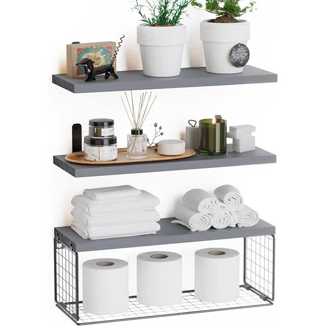 Solid Pine Wood Floating Bathroom Shelves – 40cm Modern Wall-Mounted Storage (Available in Grey)