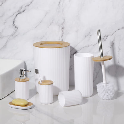 6 in 1 Bathroom Accessories Set with Wooden Ring Trash Can, Toilet Brush Holder, Lotion Dispenser, Toothbrush Holder, Soap Dish Available in Black, White, Grey