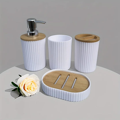 6 in 1 Bathroom Accessories Set with Wooden Ring Trash Can, Toilet Brush Holder, Lotion Dispenser, Toothbrush Holder, Soap Dish Available in Black, White, Grey