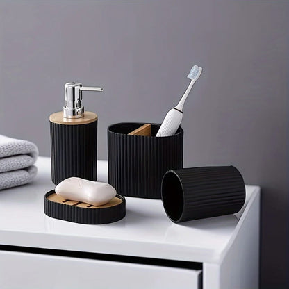 6 in 1 Bathroom Accessories Set with Wooden Ring Trash Can, Toilet Brush Holder, Lotion Dispenser, Toothbrush Holder, Soap Dish Available in Black, White, Grey